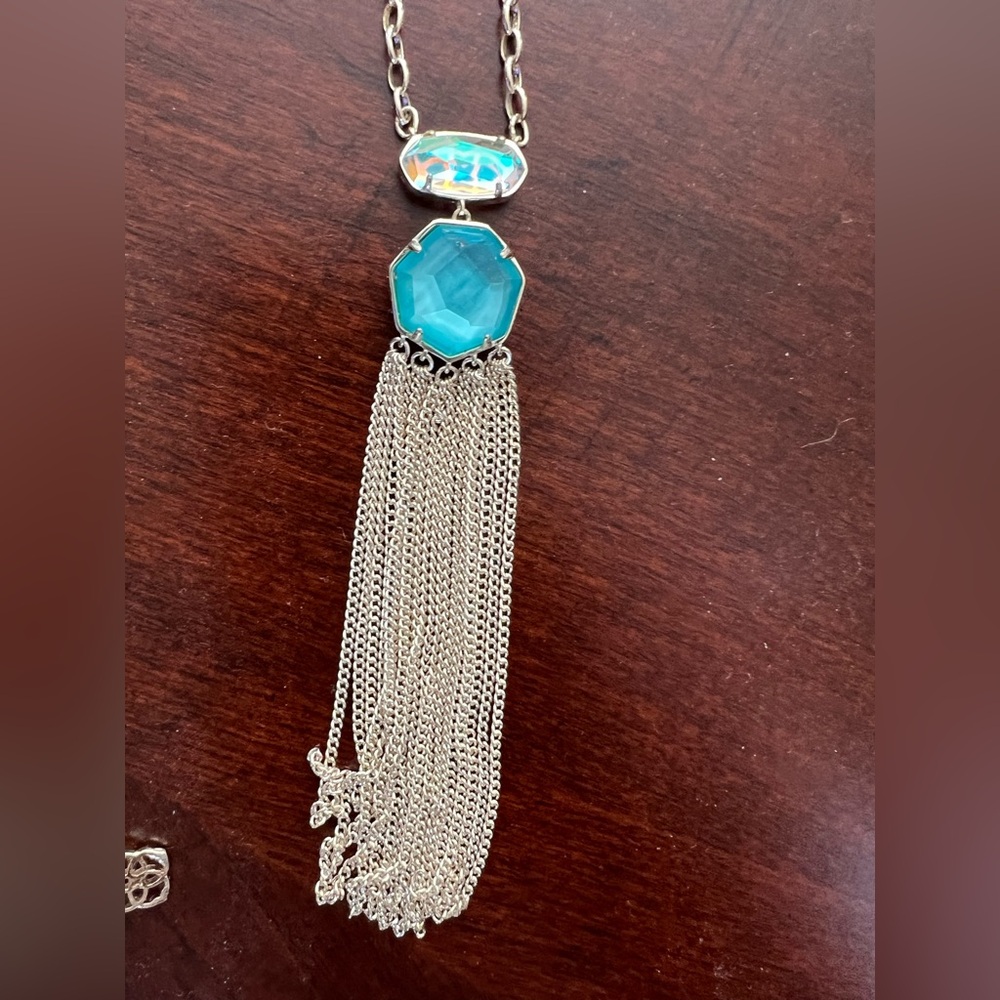 NWT Kendra Scott Tae Long Necklace Turquoise+Iridescent Stones Gold Tone Chain - Picture 5 of 8